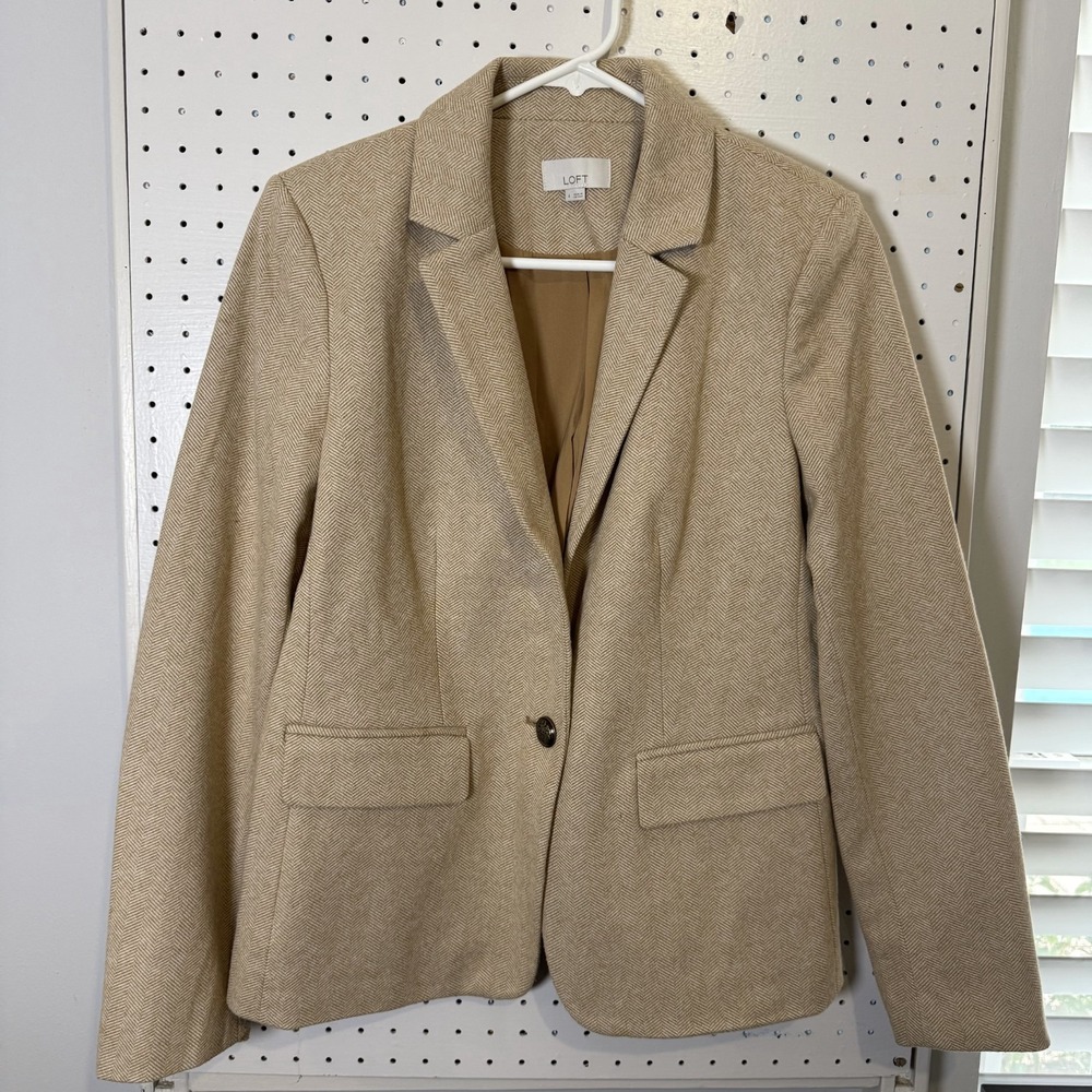 Loft Blazer Women s Size 4 Tan Brown Herringbone Elbow Patch 1-Button Jacket